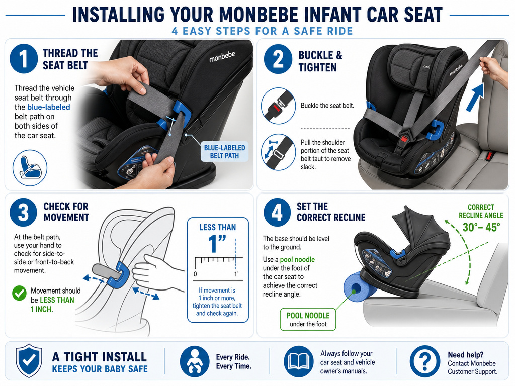 Infographic showing four steps to install a Monbebe car seat using a seat belt.