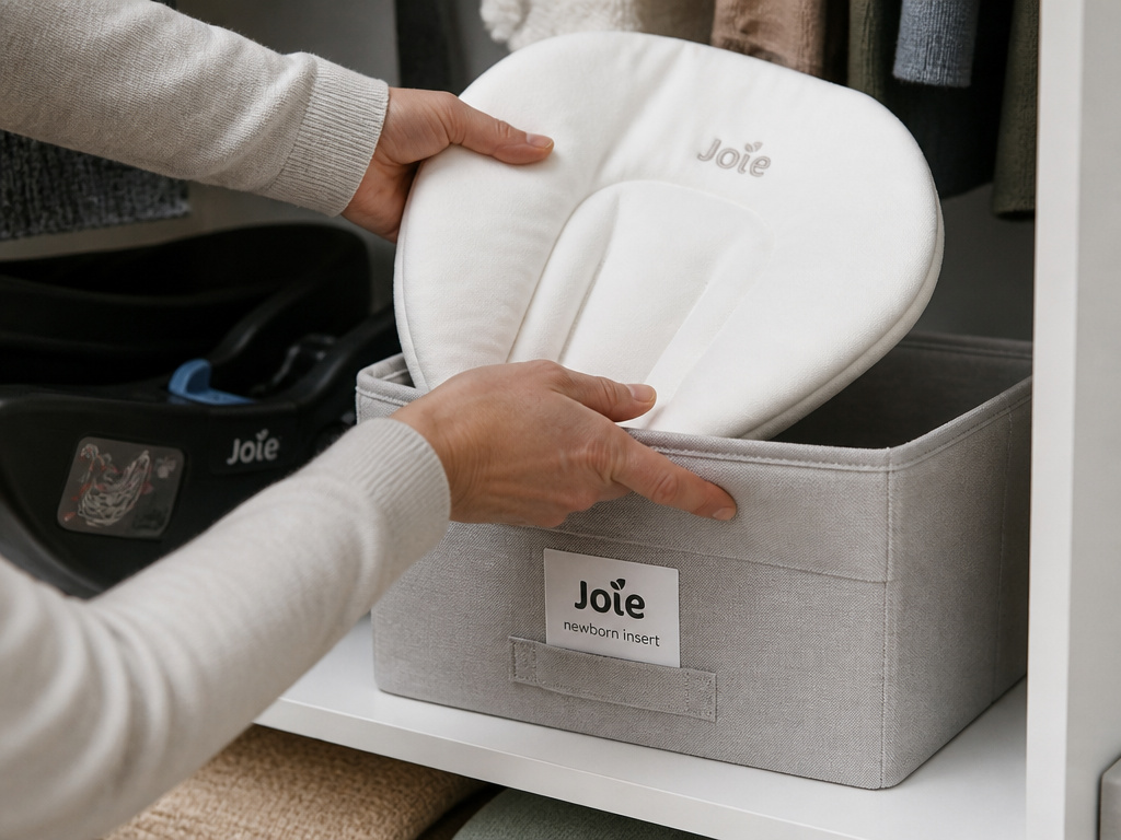 Storing a clean Joie car seat newborn insert in a closet for safekeeping