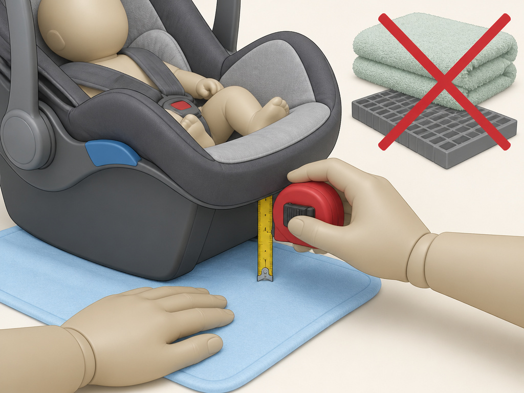 Approved thin car seat protector versus unsafe thick or rigid mats diagram.
