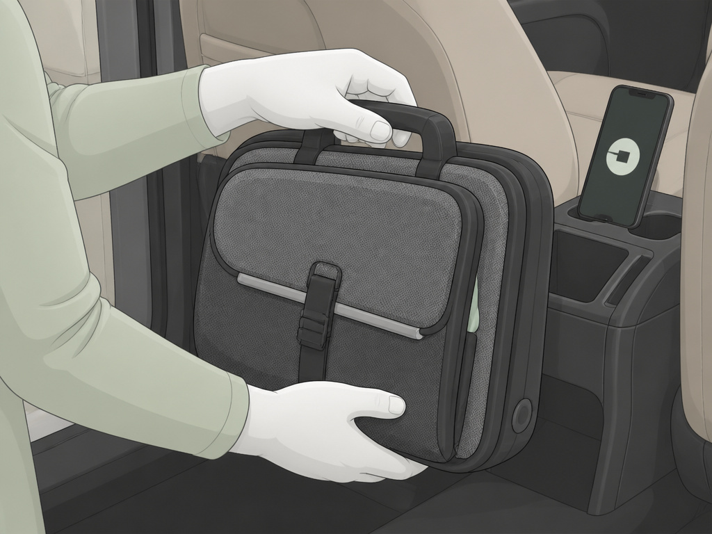 Foldable travel car seat being carried into an Uber or Lyft vehicle.