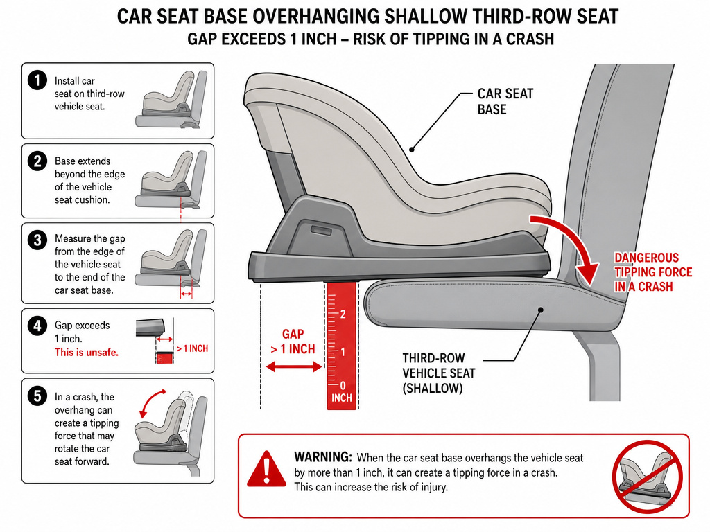 Diagram showing unsafe car seat overhang measurement in a vehicle's third row.