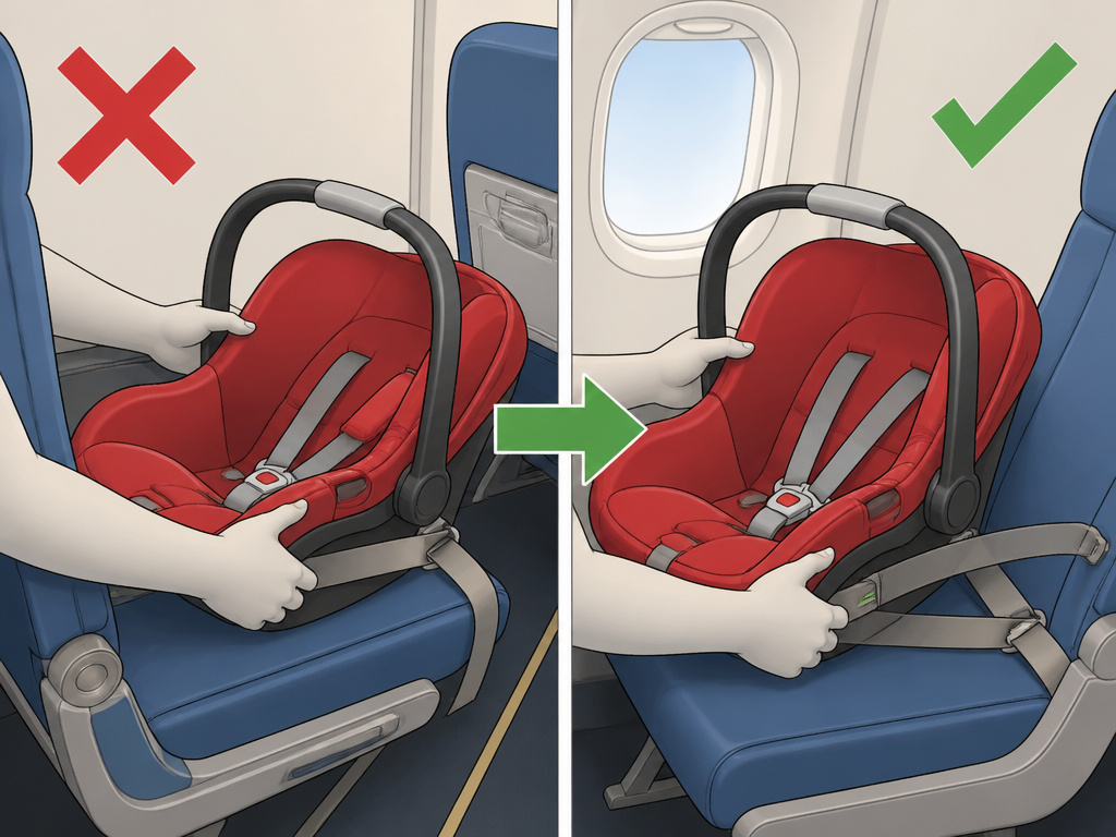 Correct window seat versus incorrect aisle seat for infant car seat installation on plane.