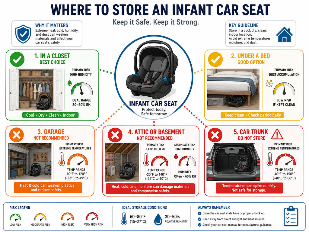 Infographic comparing best and worst places to store an infant car seat safely.