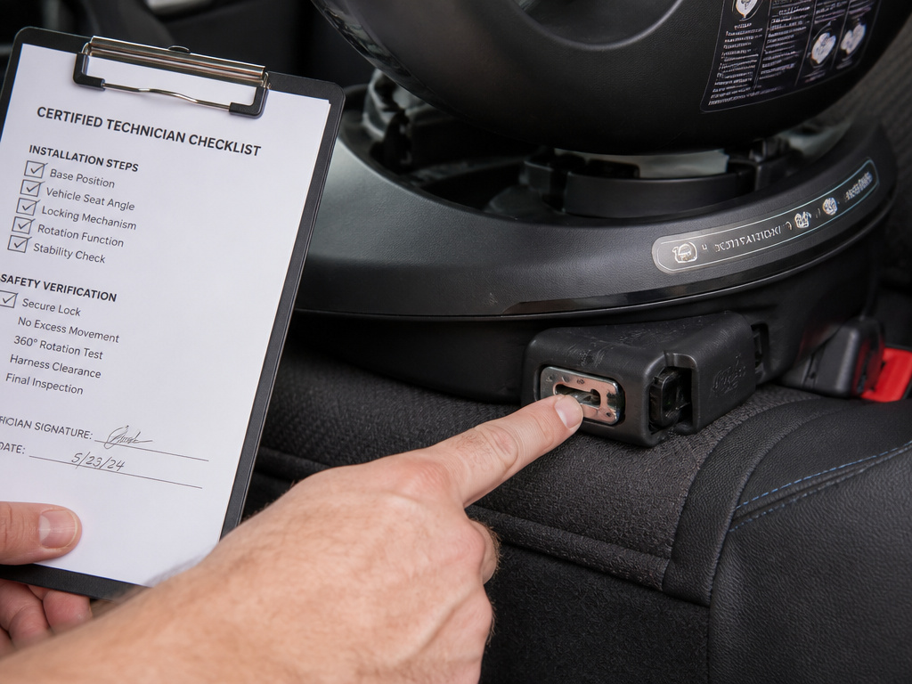Certified technician verifying a rotating car seat's lock mechanism with a checklist