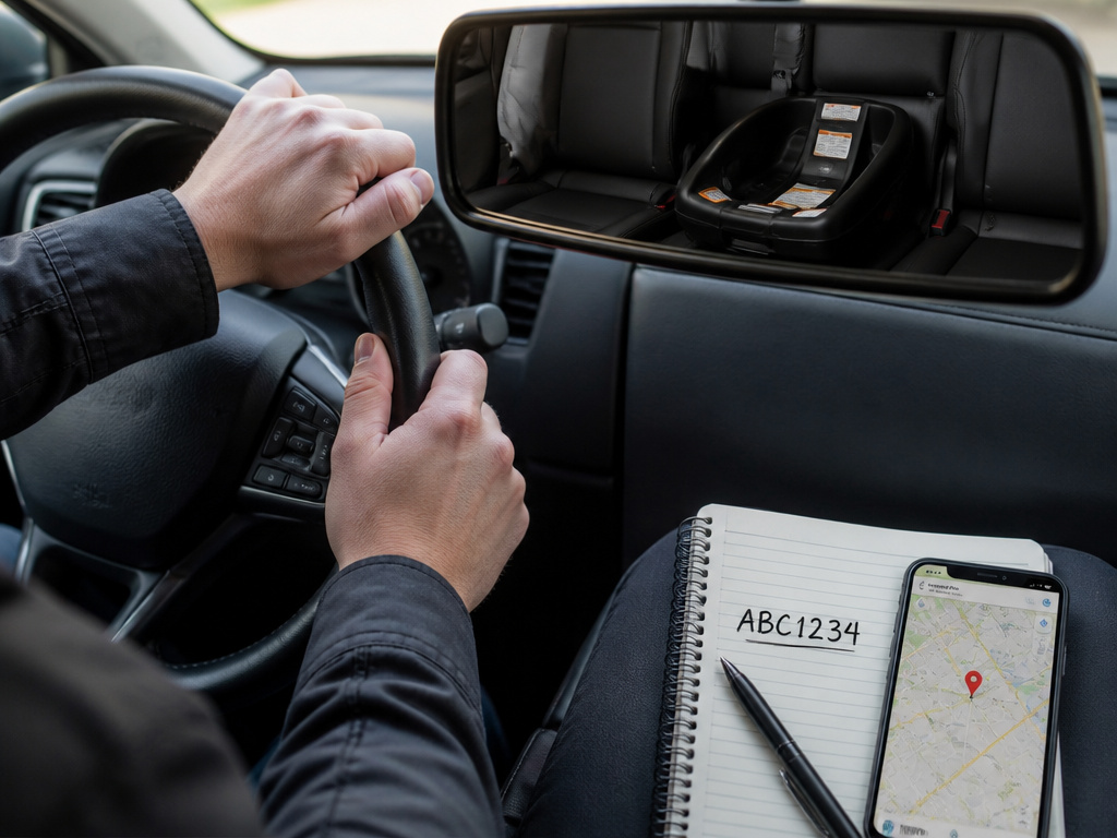 Close-up of driver's view showing empty child car seat and tools for reporting.