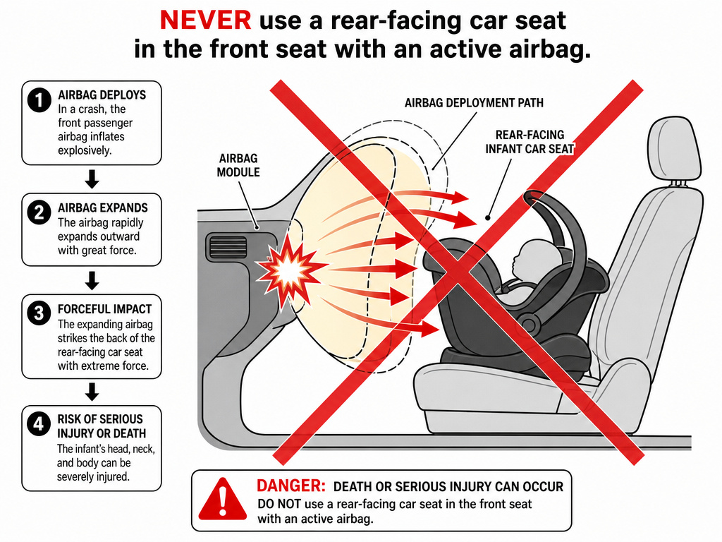 Diagram showing why a rear-facing infant car seat should never be placed in front of an active airbag.