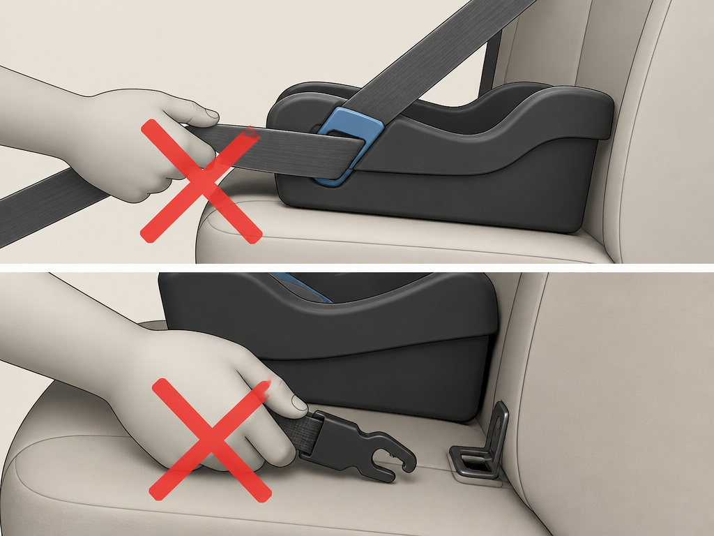 Diagram showing not to use both car seat LATCH anchors and seat belt together
