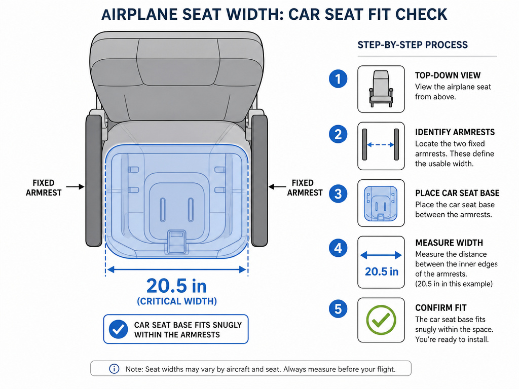 Diagram showing car seat width fitting between airplane seat armrests.