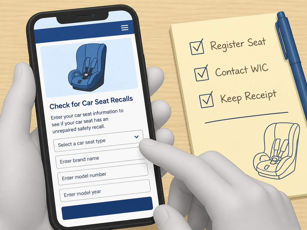 Close-up of checking car seat recalls on a phone with a step-by-step checklist.